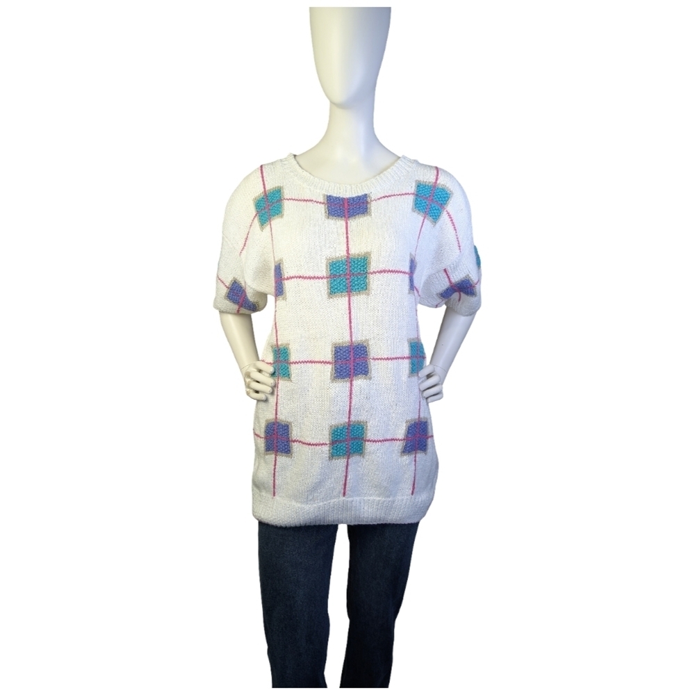 Vintage 80s 90s Northern Isles Hand Knit Short Sleeve Sweater | Pink Purple Teal